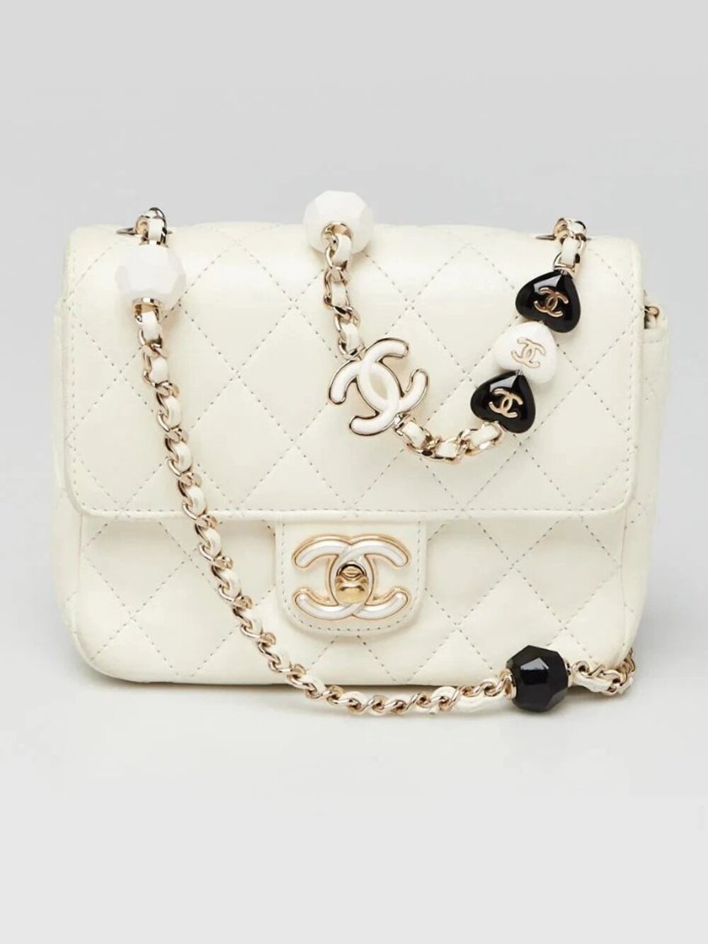 Chanel White Quilted Lambskin Leather Resin Heart Chain Square Mini Flap Bag